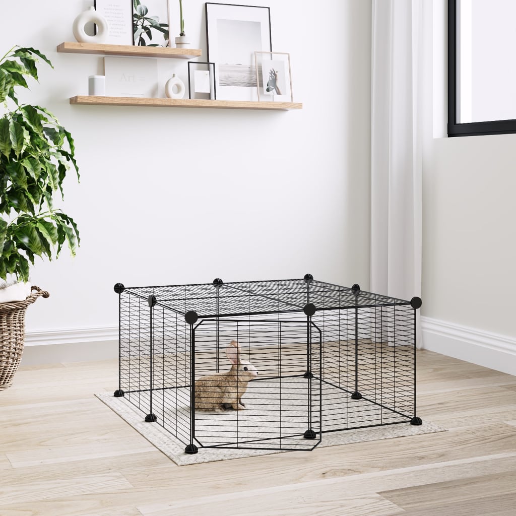 12-Panel Modular Pet Enclosure – Black Powder-Coated Steel with Door | 35x35 cm