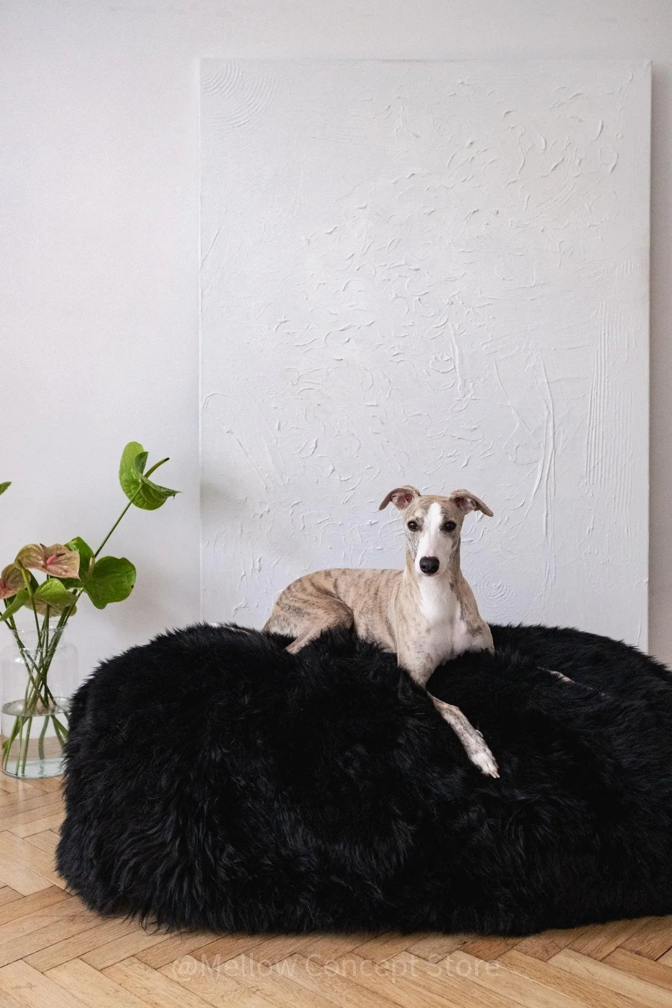 Lit ovale en peau de mouton naturelle pour animaux de compagnie – Noir | Fait main en Pologne