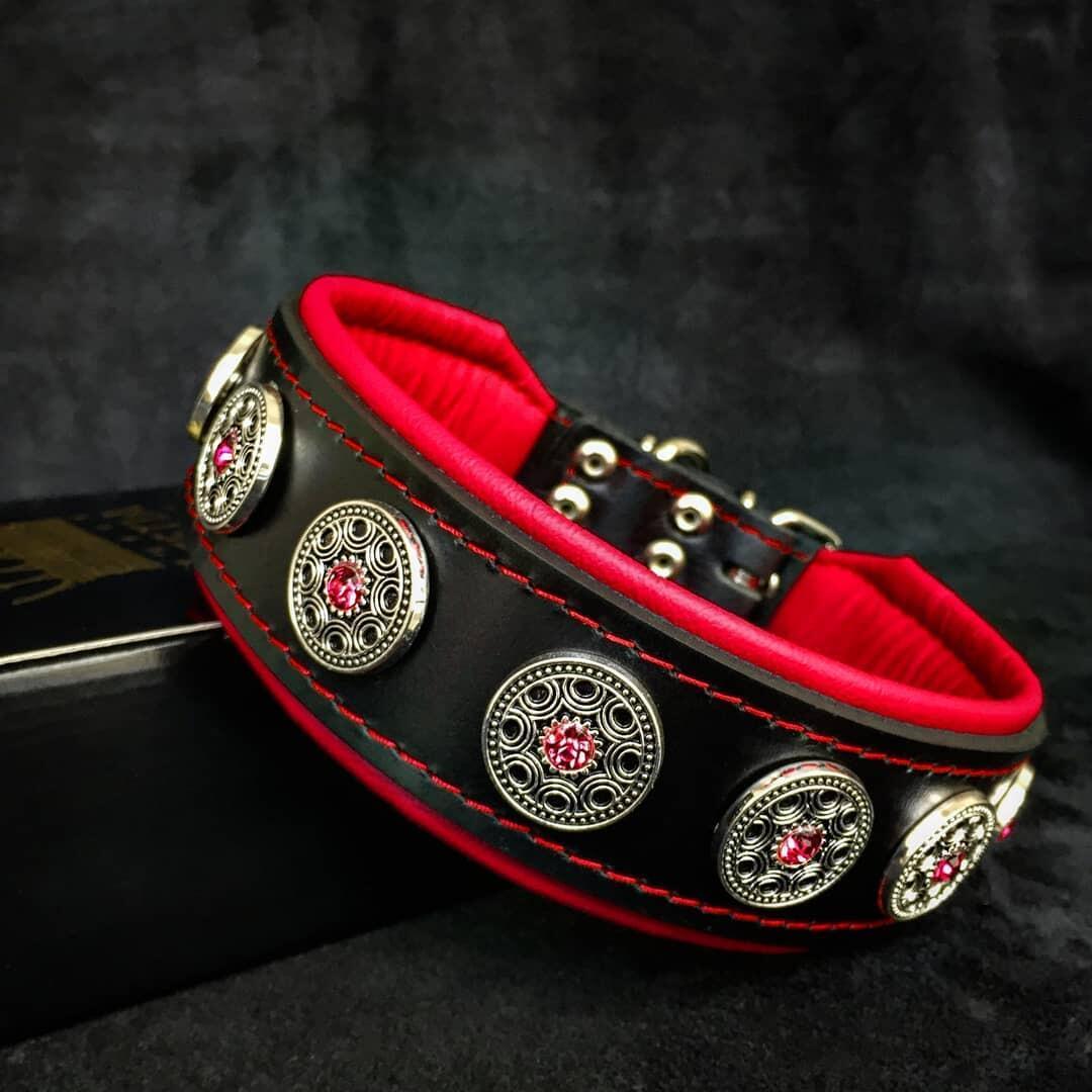 "Jewel" Collar Black & Red – Luxury Leather with Rhinestones | BESTIA | Sizes S to XL