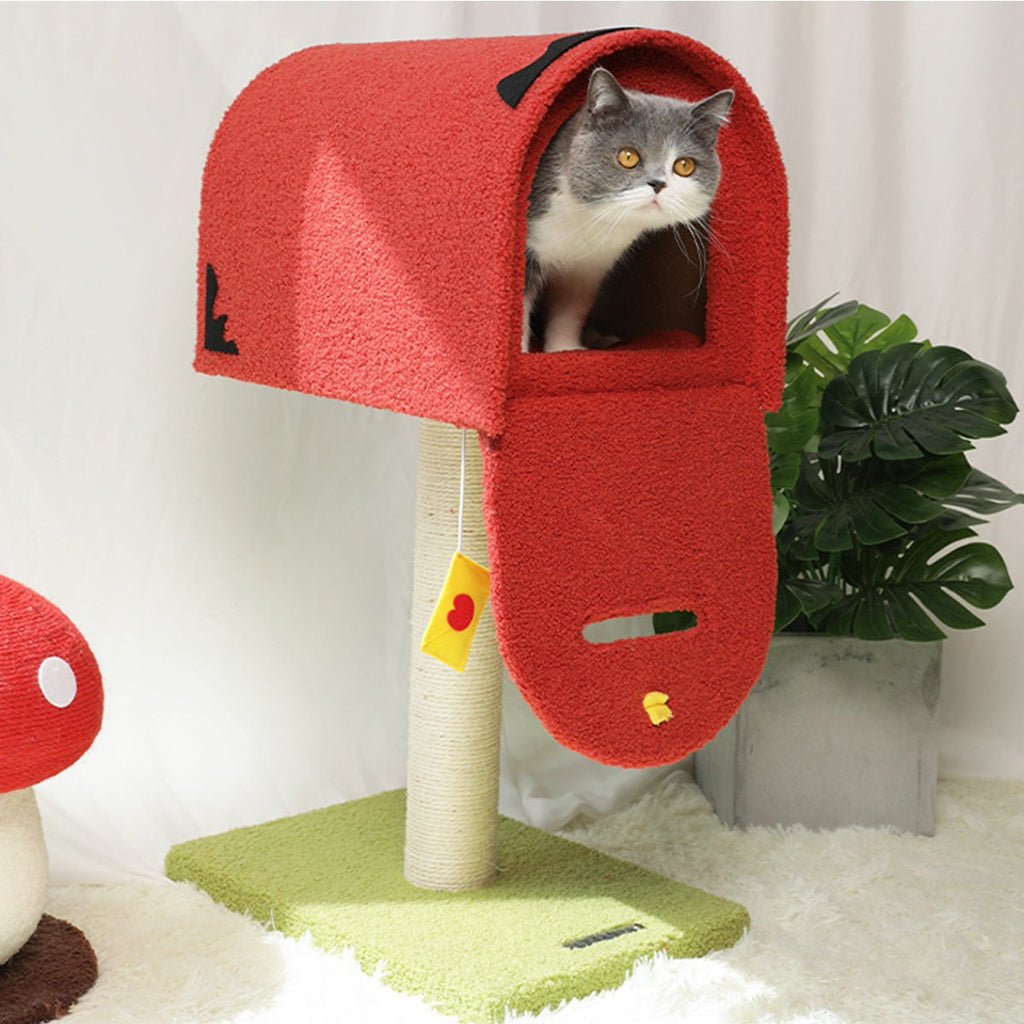 Arbre à chat avec poteau à grimper et boîte aux lettres rouge