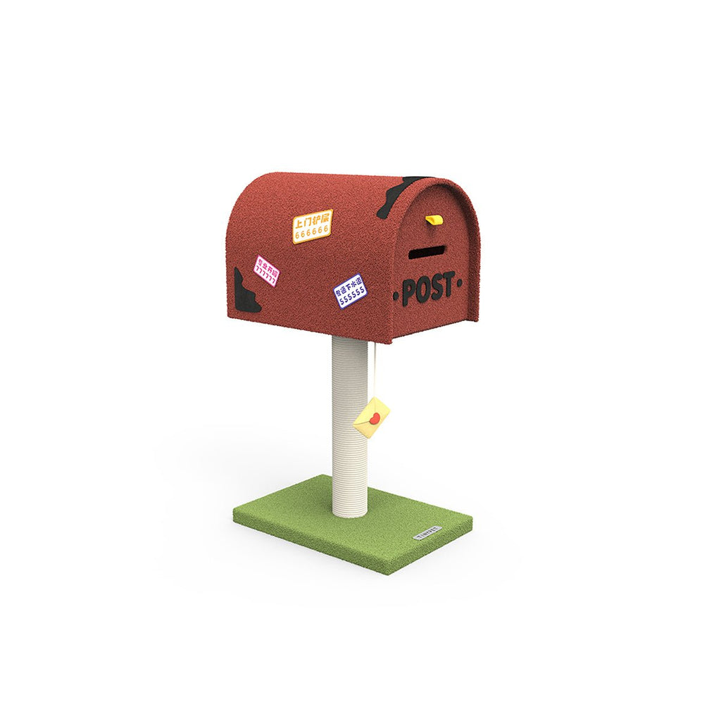 Arbre à chat avec poteau à grimper et boîte aux lettres rouge